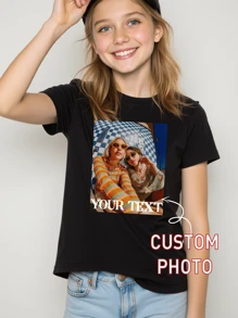 Customized Text Personalized T-Shirt For Boys & Girls, Customized Graphic Design, Youth & Teenage Girls T-Shirt, Enter Your Text/Name/Birthday Wishes/Message, Upload Photo Of Friend/Relative, Team/Outdoor Uniform Customization, Spring/Summer Round Neck Short Sleeve Girls/Children T-Shirt, Black Top, Holiday Gift, Birthday Gift, 1st Birthday Gift, Party Gift, Summer Girls/Children Top