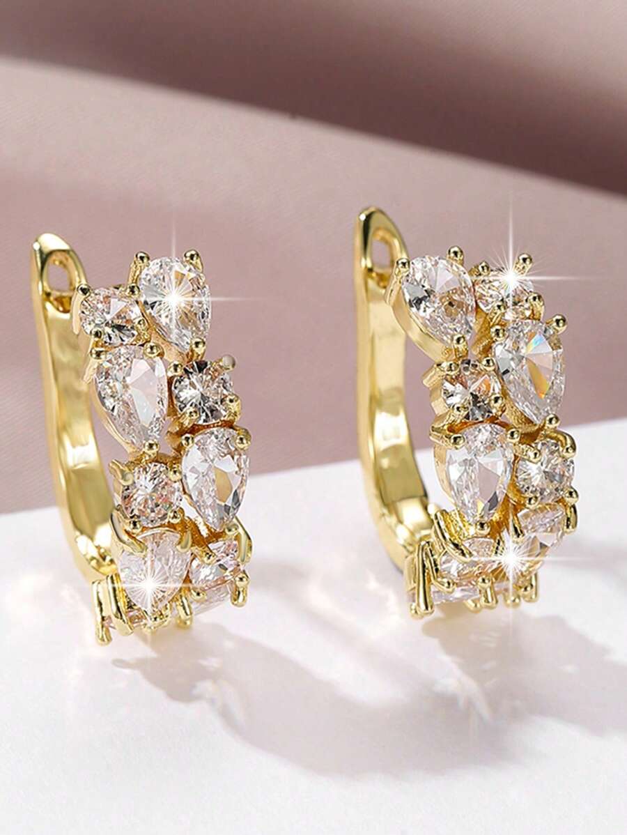 1對華麗的蒙娜麗莎白色閃爍的立方氧化鋯鑲嵌優雅時尚圓形裝飾耳環，適合女性的豪華派對珠寶 - 金黃色 - 查看 1
