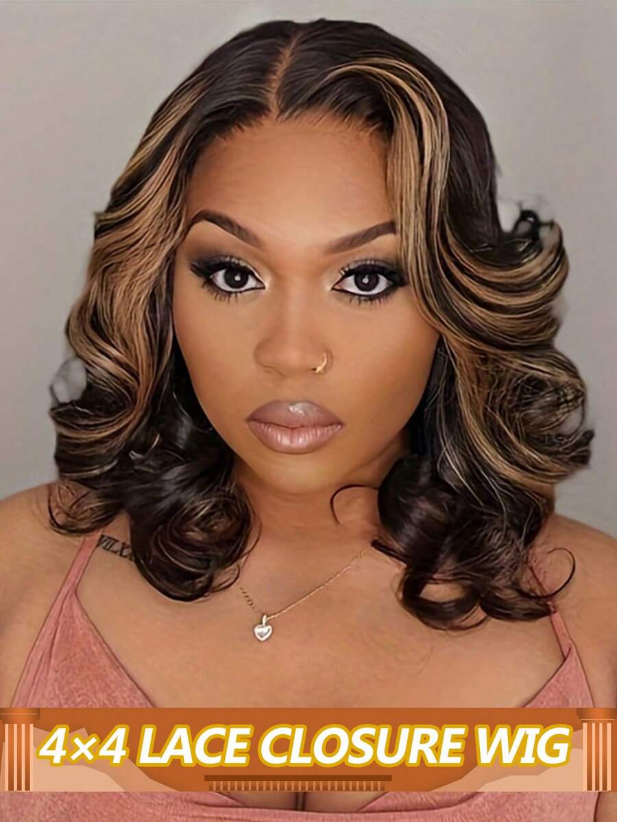 亮点渐变色蜜金色短鲍勃假发 人发蕾丝假发 4x4 4/27 巴西波浪蕾丝闭合假发 雷米头发透明蕾丝前假发 女士人发 预拔婴儿头发 200% 密度