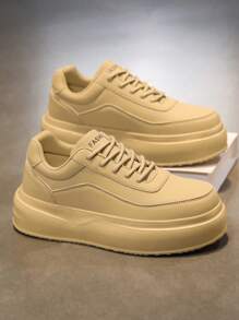 Men's Classic Retro Khaki Color Block Letter Design Comfortable Platform Casual Shoes, Personalized Youth Lace-Up Outdoor Sports Skateboard Sneakers - Khaki - View 5