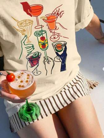 Spring/Summer Women's Graphic Khaki Tees, Beach Country Vacation Casual Alcoholic Beverage Print Girls Fashion T-Shirt, Short-Sleeved Crew Neck Casual Top