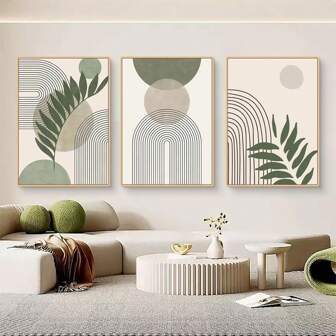 3pcs/Set Modern Boho Canvas Painting Pictures, Minimalist Green Plant Poster, Aesthetic Botanical Wall Art For Living Room, Bedroom, Kitchen, Bathroom And Office Decoration, With Or Without Frame Gifts Birthday Graduation