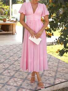 PoPoHouse Women's Solid Color Dress, V-Neck Puff Sleeve Design, Suitable For Vacation, Spring/Summer, Valentine's Day And Other Occasions - Pink - View 4