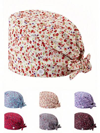 1pc Women's Work Cap/Nurse Cap With Bow & Floral Print, Made Of Polyester, Features Sweat Absorbing Cloth Lining, Snap Buttons On Sides, Tie Back Design, Suitable For Medical/Beauty/Veterinary Personnel, Household Cleaners