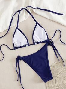 Summer Solid Color Ruffled Halter Bikini Set, Vacation, Women Fashion Beach Swimwear - Blue - View 3