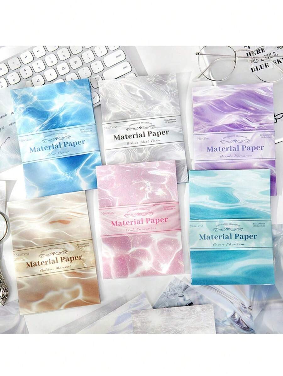 20 张水波和浮光系列 DIY 剪贴簿纸质用品美学纸质用品装饰纸材料用于 DIY 剪贴簿日记相册工艺品，适用于成人和青少年的书写绘画旅行日记 DIY 艺术工艺品、剪贴簿计划器子弹（粉色、蓝色、金色、紫色、灰色、绿色） - 彩色 - 查看 1