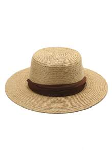 LEAJOURNO. 1pc Unisex Outdoor Beach Sun Hat, Breathable UV Protection Woven Straw Flat Top Hat, Suitable For Spring/Summer - Brown - View 7