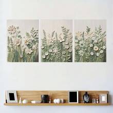 3pcs/Set No Frame Canvas Prints, Green Leaves And Flowers Decorative Painting, Light Green Flower Decoration, 3D Artistic Flower Prints, Indoor Home Wall Decoration Art Gifts Birthday Graduation