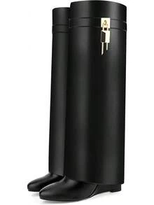 Fold Over Boots For Women Pointy Pull-On Wedge Heel Knee Shark Boot With Side Zipper Padlock DesignChristmas - 黑色鱷魚 - 查看 5