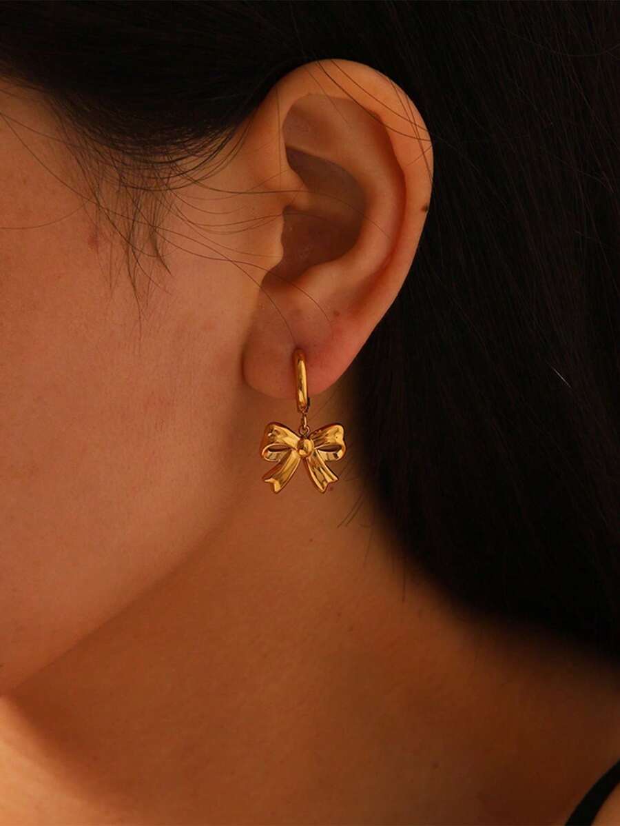 1 Pair Stainless Steel Waterproof Non-Fading Fashionable Gold Cute Bowknot Hoop Earrings, Suitable For Women's Daily Wear