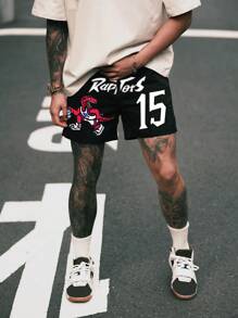 Men's Solid Color Letter Print Drawstring Waist Pocket Loose Casual Sports Shorts - Black - View 1