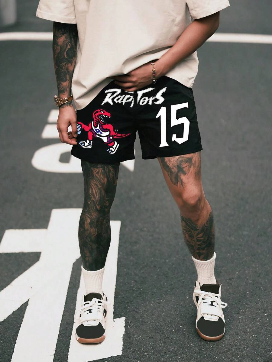 Men's Solid Color Letter Print Drawstring Waist Pocket Loose Casual Sports Shorts - Black - View 1