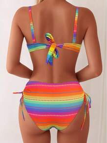 Set bikini pentru femei cu imprimeu curcubeu, costume de baie din două piese cu cupe cu sârmă și bretele ajustabile, țesătură din tricot elastic, festival de muzică, fund cu șnur, îmbrăcăminte de plajă de vară - Multicolor - Vizualizare 2