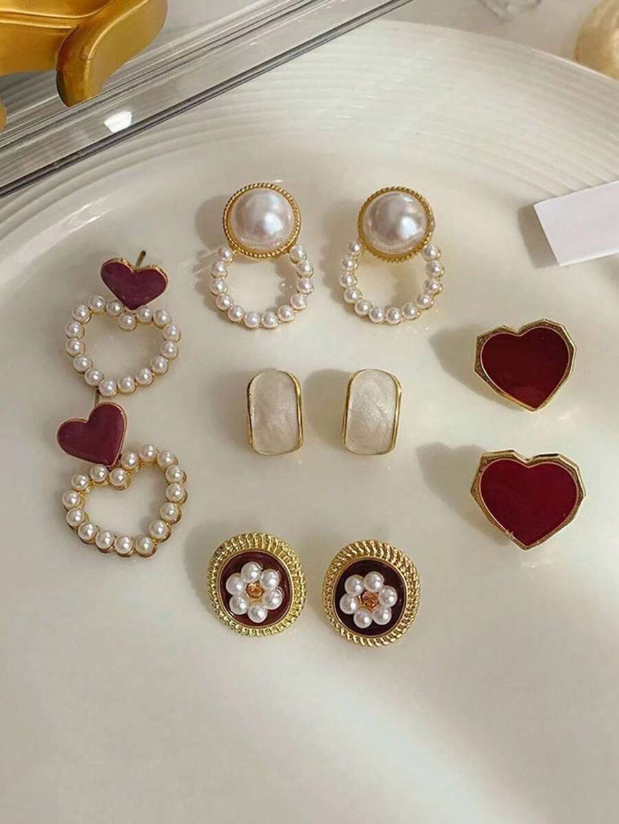 5pcs/Set Vintage Elegant Minimalist Faux Pearl Circular Flower Heart Shaped Oil Drop Geometric Earring Set, Suitable For Women's Daily And Festival Wear