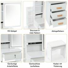 OYAJIA White Dressing Table Makeup Desk Vanity Set With Drawers LED Sliding Mirror, White Vanity Table With Drawers & Cushioned Stool For Bedroom Modern - White - View 8