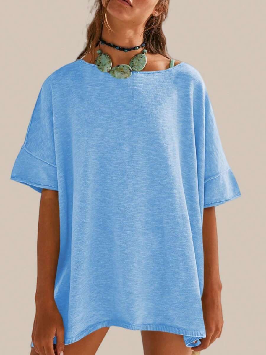 Women's Oversized T Shirt Loose Fit Crew Neck Short Sleeve Side Slit Summer Blouse Top - Màu xanh lam - Xem 1
