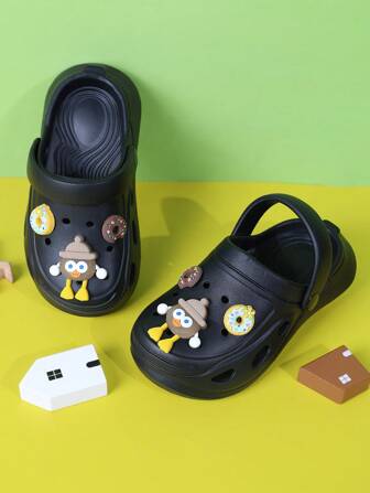 1 Pair Black Cartoon Children Slippers, Kids Toddler Closed Toe Indoor/Outdoor Anti-Slip Beach Sandals