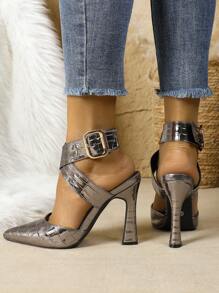 Women's Pointed Toe Stiletto Heel Backless Fashion Champagne/Black/White Sexy High Heel Pumps With Ankle Strap, Ladies Shoes - Grey - View 4