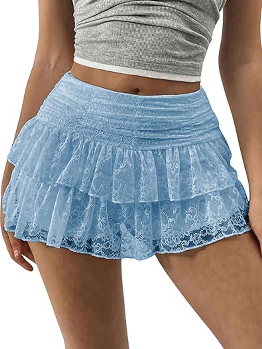Women's Summer Lace Floral Skirt High Rise Tiered Ruffled Flowy Short Mini A Line Skirt Streetwear  Lace Skirts For Women Irregular Side White Ruffle Skirt Y2K Pleated Mini Low Waisted Short Dress Casual Miniskirt - Màu xanh lam - Xem 1