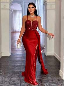 CHOSMO Christmas Women Red Back Zip Up Backless Halter Sequin Spliced High Waist And Side Slit Ribbon Slim Fit Maxi Elegant Evening Dress Women's Prom Dress