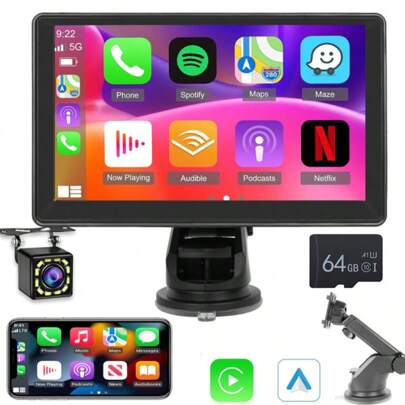 2025 Wireless Portable Carplay And Android Auto, Carplay Screen For Car With Mirror Link/AUX/FM,7" Touchscreen Bluetooth 5.0, Potable Car Stereo With Car Accessories + 12LED Rearview Camera + 64GB SD Card