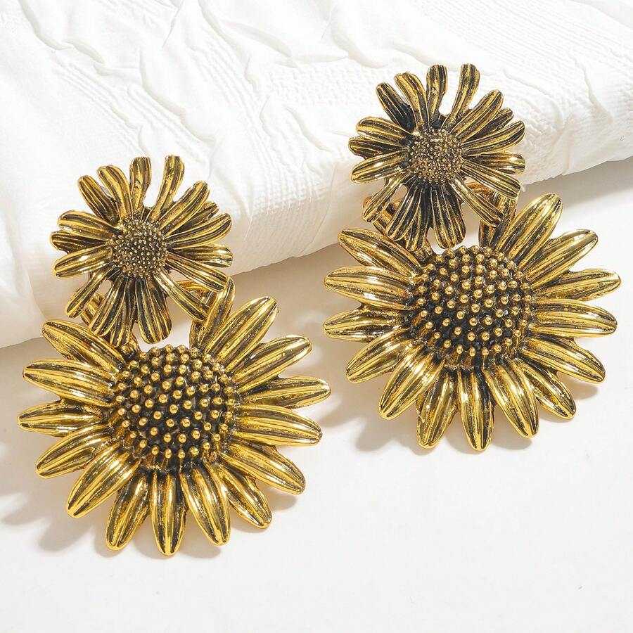 1 件女士金色菊花双层金属耳环，简约田园风格，适合夏季日常佩戴