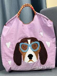 1 件新款休闲毛巾刺绣比格犬图案大容量尼龙手提包，适合派对、旅行、购物和海滩使用