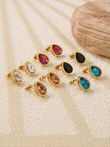 1 par de brincos de pino em forma de gota d'água com strass de vidro colorido incrustado em cores doces de aço inoxidável, adequados para uso diário feminino ou como presente de dia das mães