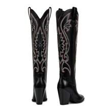 Botas altas de vaquera hasta la rodilla para mujer con punta bordada, tacón ancho y fácil de poner - Botas occidentales retro altas