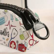 1pc Large Medical Supplies Print Pencil Case With Zipper - Durable Polyester, High Capacity For Pens & School Supplies, Stylish "Medical Doodles" Design With Stethoscope & Rx Symbols, Black Textured Grip, Perfect For Students & Professionals, Zipper Pencil Holder | Playful Design | Textured Grip Handle, Pencil Pouch