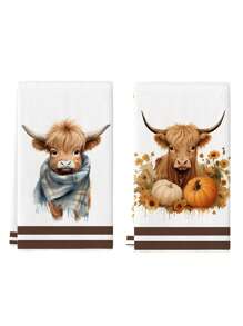 2Pcs Kitchen Towel Watercolor Floral Highland Cow Country Style Farmhouse Dish Towel Kitchen Dishwashing Hand Tea Towel Kitchen Dry Dish Towel Suitable For Kitchen Restaurant Dining Table