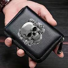 Gothic Skull And Floral Print Wallet Multifunctional Card Holder Zipper Coin Purse Unique Gift For Independence Day & Halloween For Men Wallet Mini Wallet Purse Wallet Card Wallet - Black - View 4