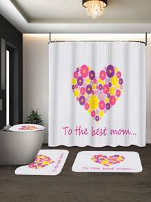 1/4pcs Mother's Day Floral, Heart, Letter Print Waterproof Bathroom Curtain Set With 12 Hooks, Includes Shower Curtain, Toilet Mat, U-Shaped Mat, Modern Bathroom Decor, Washable Polyester, Suitable For Hotel, Apartment, Home