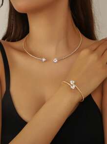 Women's Pendant Necklace Fashion Rhinestone Heart-Shaped Collar Simple Open Collar Silver Necklace Women's Pendant Necklace Jewelry Set