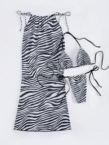 PEPPERMOLLY 新款柔软斑马纹露背系带性感优雅三件套派对比基尼泳装，女士夏季海滩时尚度假装 - 黑與白 - 查看 3