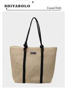 Fashionable Color-Blocking Straw Tote Bag, Versatile With Elegant Shoulder Straps. Summer & Beach Essentials, Large Capacity, Portable For Women, Teen Girls, College Students, Office Workers. Perfect For Work, School, Vacation, Beach