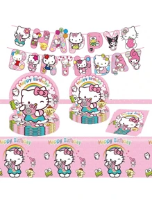 Sanrio Sanrio 42 Pcs Party Decoration Hello Kitty 1pc Tablecover 20 Pcs Plates And 20 Pcs Napkins 1pc Birthday Banner Theme Birthday Party Decoration Favor Sets