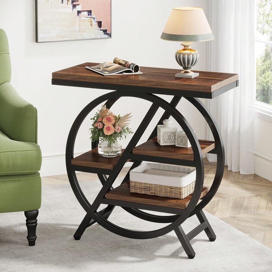 Mesa auxiliar para sala de estar, mesa auxiliar estrecha de 3 niveles con almacenamiento, mesa auxiliar de sofá de madera con marco de metal geométrico, mesita de noche industrial y mesita de noche para dormitorio - Marrón - Ver 1