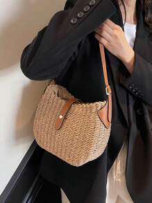 女士时尚 PU 皮革和编织草编单肩包，便携，适合旅行和度假