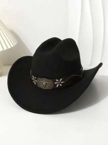 1 pieza Sombrero de vaquero estilo occidental de poliéster para hombres, estilo retro unisex, decorado con girasol y adorno de toro de metal, adecuado para uso casual, fiesta de vaqueros occidentales, talla única, unicolor de fibra de poliéster bohemia (poliéster), remaches - Multicolor - Ver 8