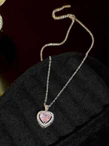 1pc Stainless Steel Zirconia Heart Shaped Delicate Necklace, Luxurious Chic For Women