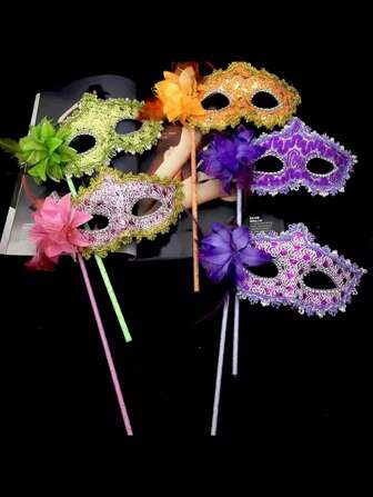 1pc Women's Multi-Color Masquerade Ball Party Makeup Venetian Feather Side Flower Handheld Face Mask & Veil For Half Face, Sexy Prop Suitable For Various Festivals, Parties, Events, Performances, Costumes