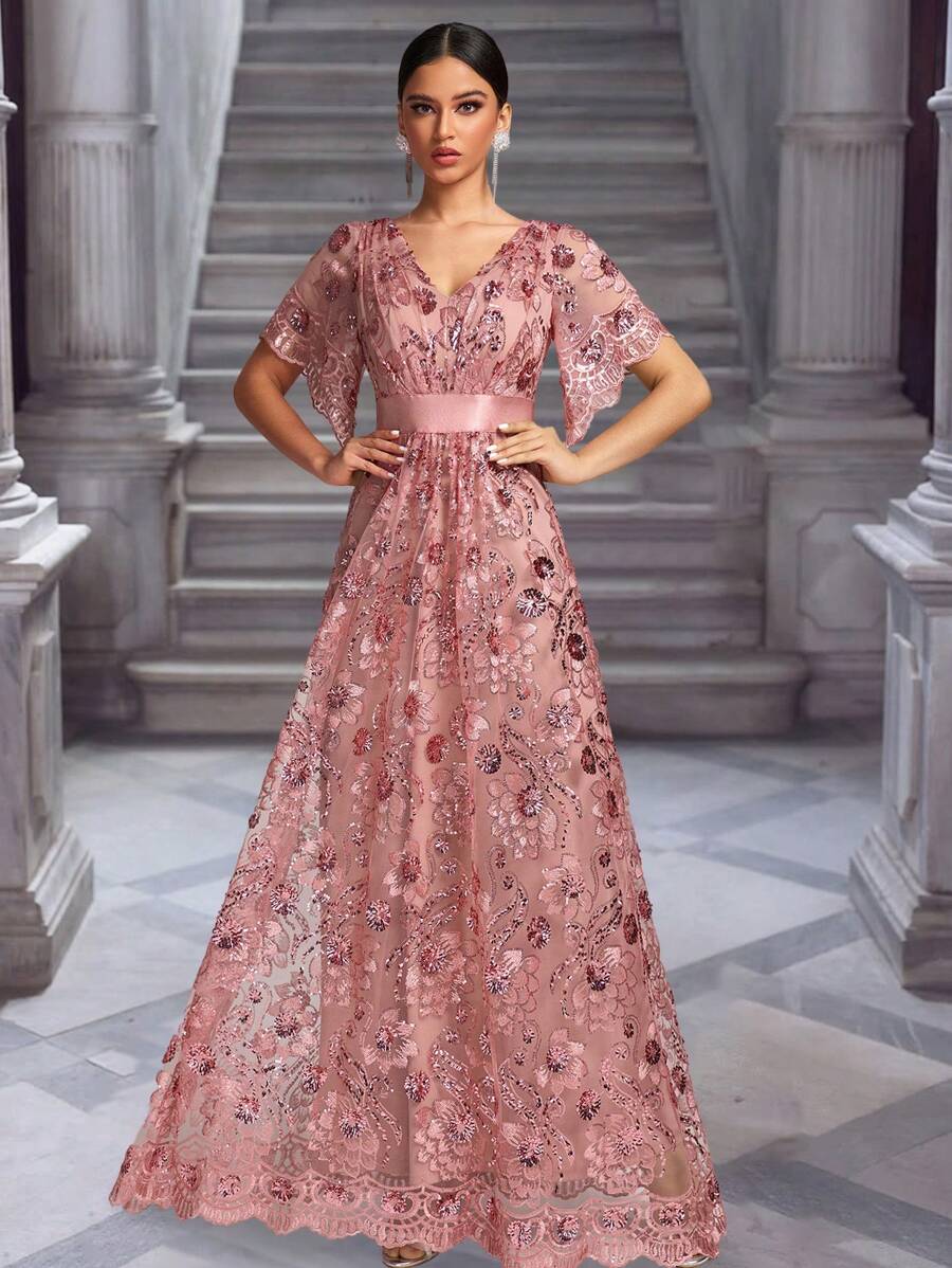 SUPGIR Elegant Long V Neck Ruffle Sleeve Sequin Floral Embroidery Evening Gown Party Dress Wedding Guest Dress Formal Dress Evening Dress - 藕粉色 - 查看 1