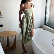 Women Long Dress Sweetheart Neck Lacing-Up Tighten Waist Sleeveless Backless Flowy Summer Cami Dresses - Green - View 1