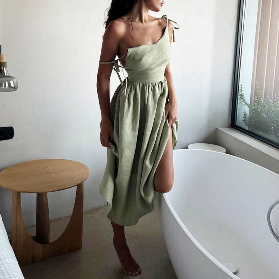 Women Long Dress Sweetheart Neck Lacing-Up Tighten Waist Sleeveless Backless Flowy Summer Cami Dresses - Green - View 1