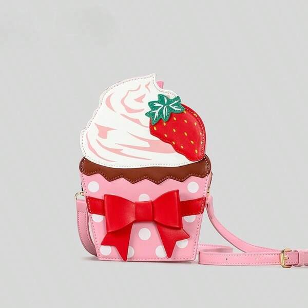 Bolso cruzado con forma de pastel de fresa con un solo hombro, estilo rural dulce con lazo