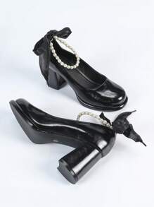 Women's Black Pointed Toe Pearl Decor Chunky Heel Pumps, Comfortable, Minimalist, Casual, Formal, Versatile High Heels