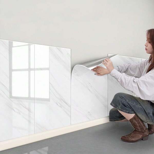 32 conjuntos de azulejos de parede autoadesivos simples 3D, porta traseira autoadesiva de vinil com padrão de mármore de imitação, adequados para decoração de cozinha, banheiro e casa, painel de parede de espuma de PVC/PE