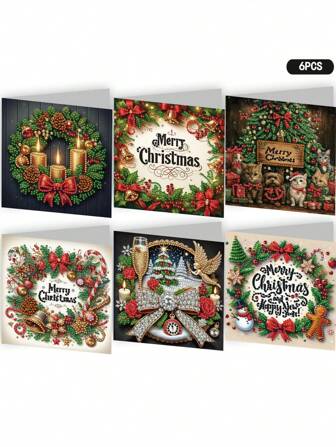 6 件/套圣诞钻石画卡片套装，DIY 5D 独特钻石艺术装饰贺卡，马赛克手工创意礼品，高品质工艺纸材料适用于派对用品、圣诞节、新年祝福