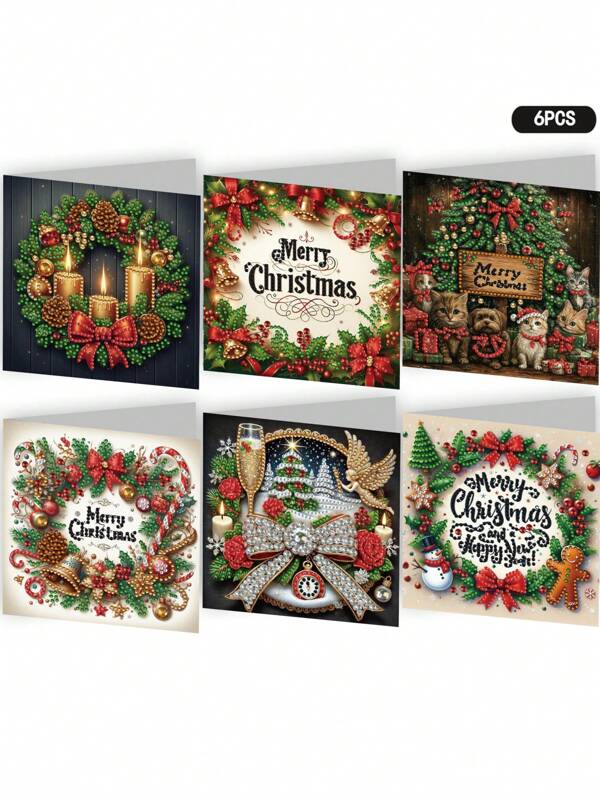 Ensemble de 6 cartes de peinture de diamants de Noël, DIY 5D Unique Décoration Artistique de Diamant Carte de Souhaits, Mosaïque Artisanale Créative, Matériel de Papier de Haute Qualité Convenant pour les Fournitures de Fête, Souhaits de Noël et Nouvel An
